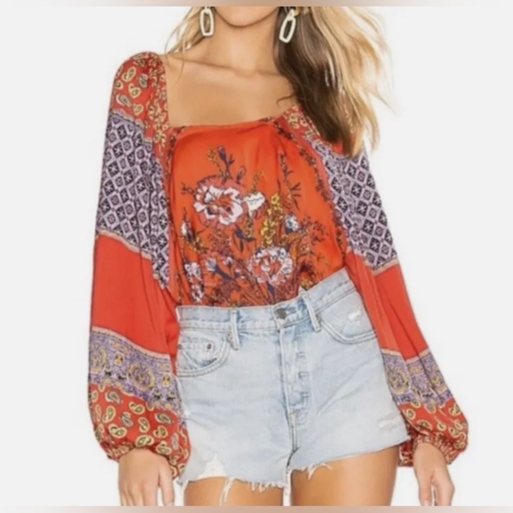 Free People NWT postiano orange paisley floral blouse Large